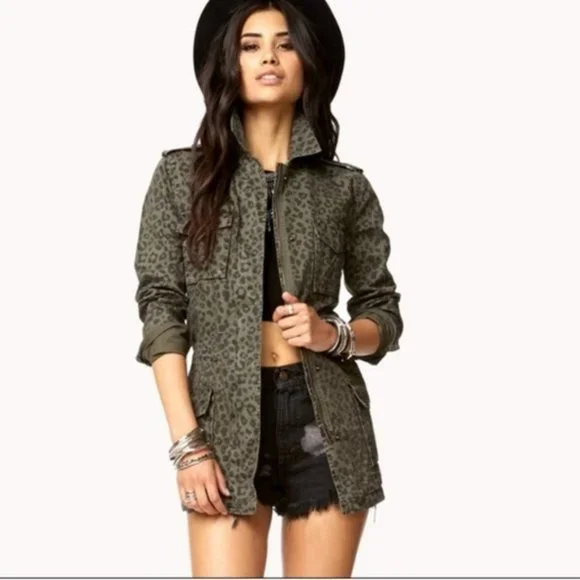 Forever 21 Jackets Coats Forever Army Green Leopard Print